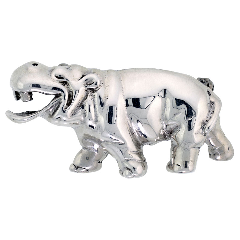 Sterling Silver Happy Hippo Brooch Pin, 1 7/8" (48 mm) wide