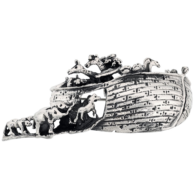 Sterling Silver Noah&#039;s Ark Brooch Pin, 2 5/8 inch (67 mm) wide