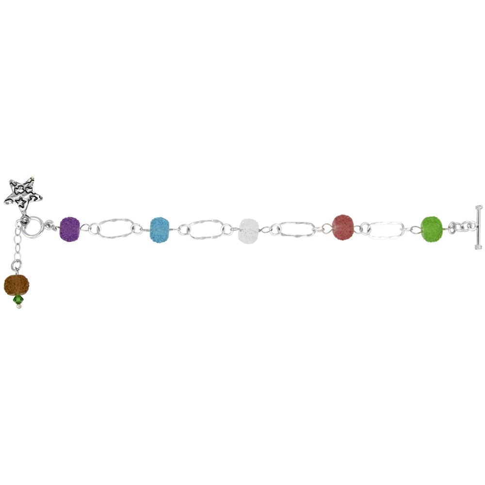 STERLING SILVER EMBOSSED STAR OBLONG LINK BRACELET WITH COLORED BARREL ACCENTS, 7.5 INCHES LONG