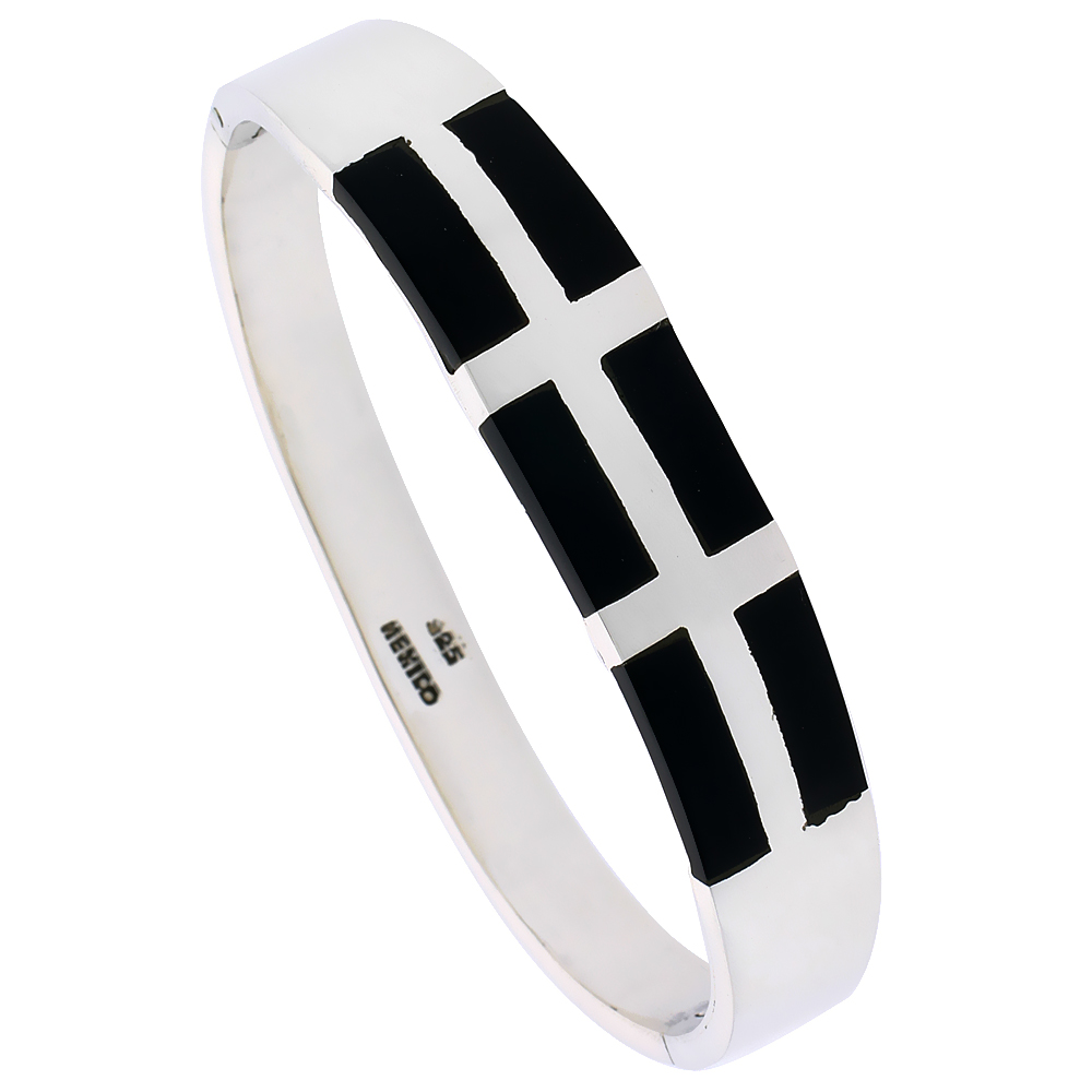 STERLING SILVER BLACK OBSIDIAN INLAY BANGLE BRACELET HANDMADE FLAWLESS FINISH, 1/2 INCH WIDE
