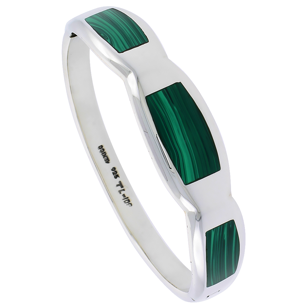 STERLING SILVER MALACHITE INLAY BANGLE BRACELET HANDMADE, 9/16 INCH WIDE,