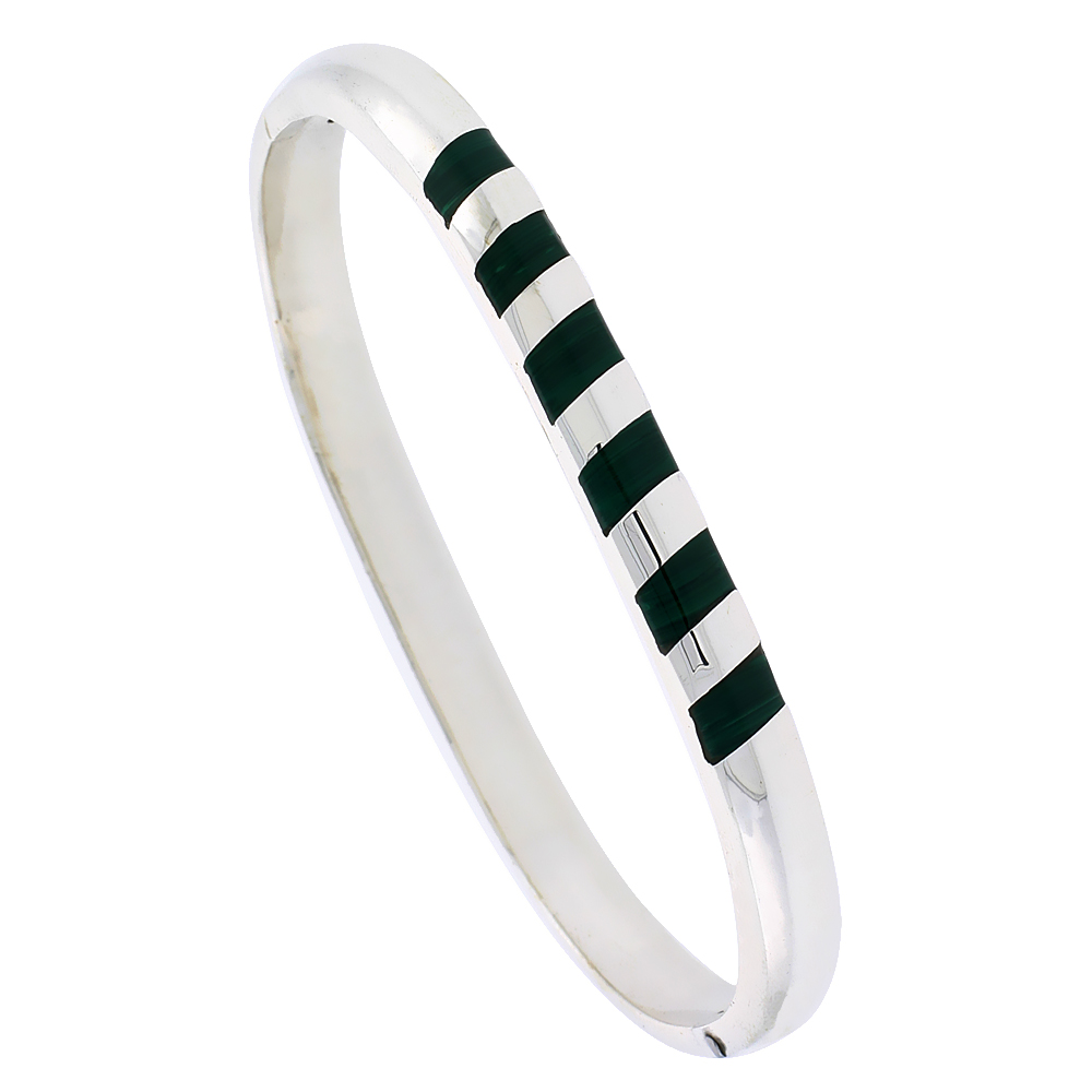 STERLING SILVER MALACHITE INLAY STRIPED BANGLE BRACELET HANDMADE, 1/4 INCH WIDE,