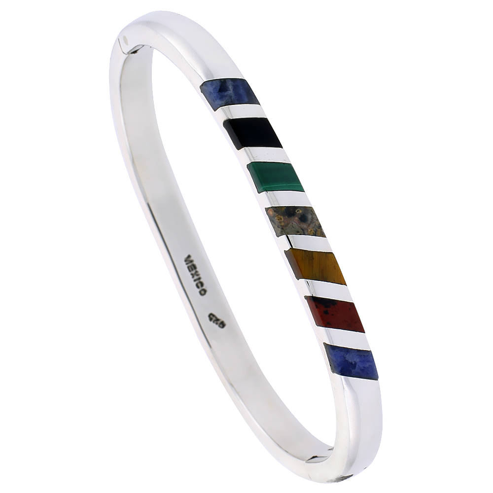 Sterling Silver Multi Color Stone Inlay Striped Bangle Bracelet Handmade, 1/4 inch wide,