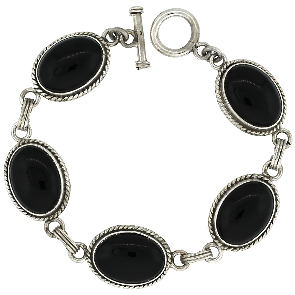 STERLING SILVER OVAL BLACK OBSIDIAN STONE LINK BRACELET TOGGLE CLASP, 5/8 INCH WIDE, 7 INCH