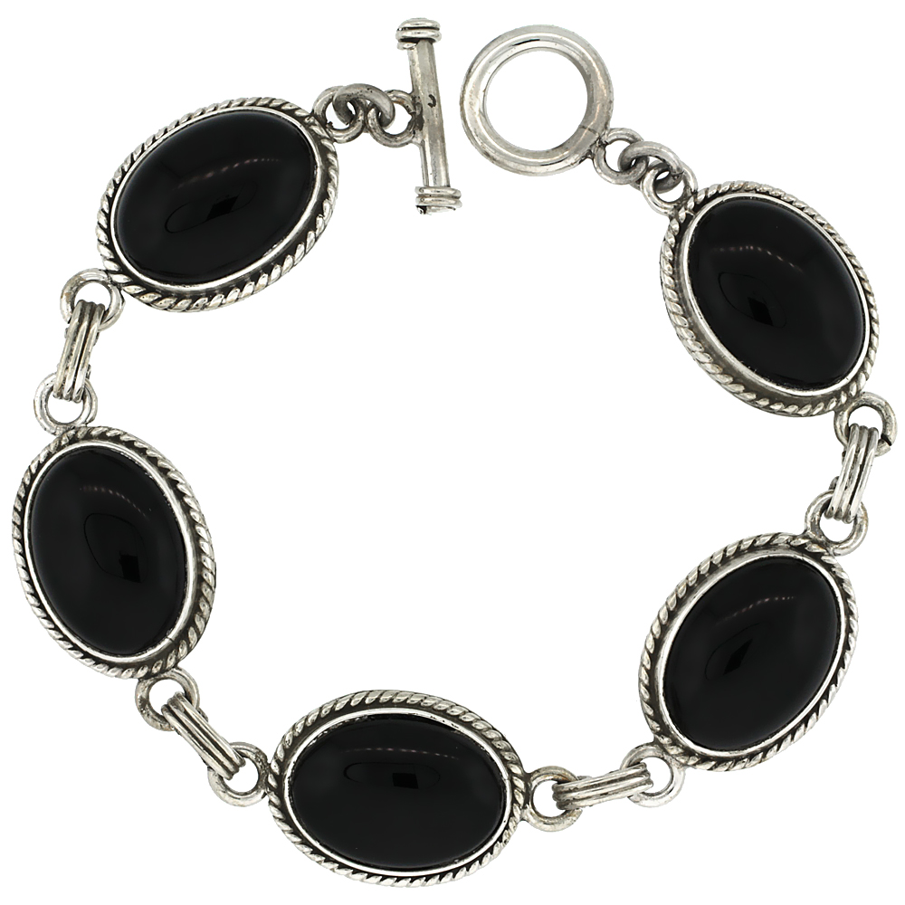 Sterling Silver Oval Black Obsidian Stone Link Bracelet Toggle Clasp, 5/8 inch wide, 7 inch