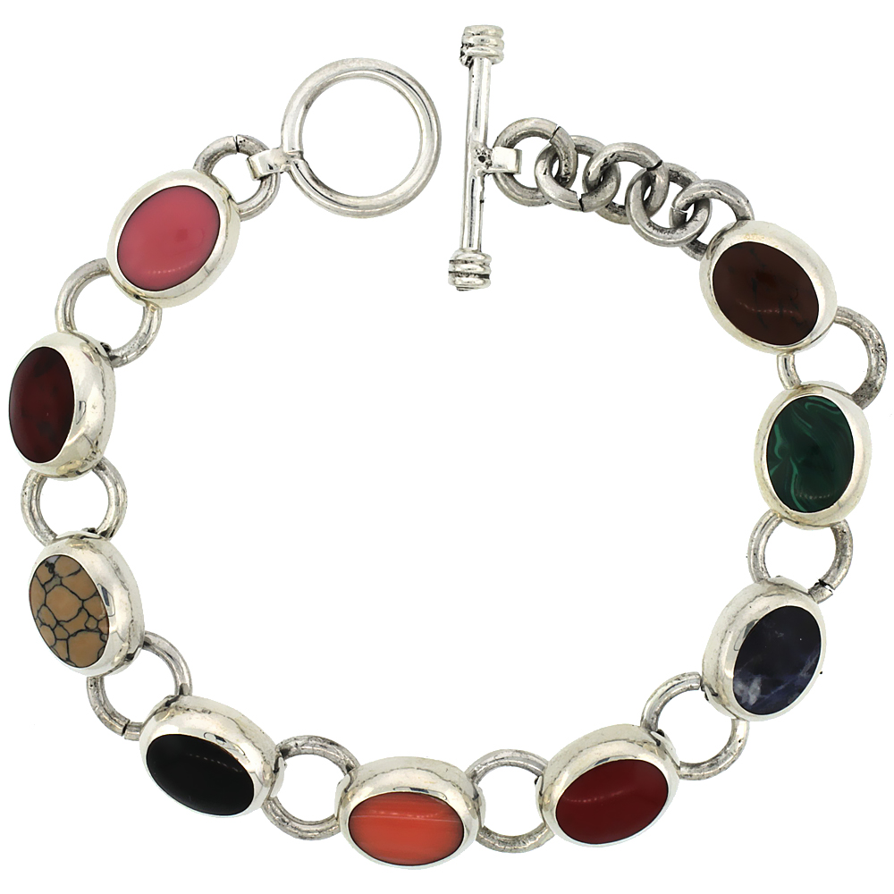 Sterling Silver Multi Color Stone Oval Link Bracelet Toggle Clasp, 3/8 inch wide, 7.5 inch