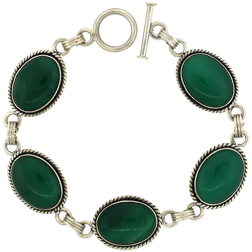 STERLING SILVER OVAL MALACHITE STONE LINK BRACELET TOGGLE CLASP, 11/16 INCH WIDE, 7.5 INCH