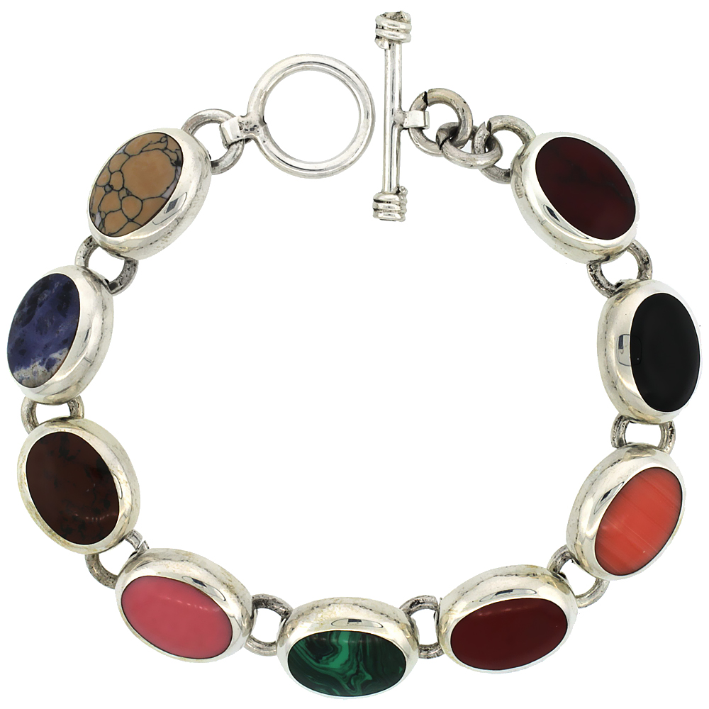 STERLING SILVER MULTI COLOR STONE OVAL LINK BRACELET TOGGLE CLASP, 1/2 INCH WIDE, 7.5 INCH