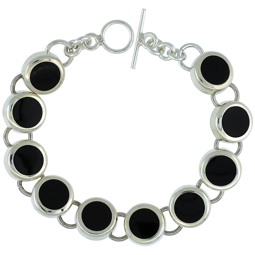 STERLING SILVER ROUND BLACK OBSIDIAN STONE LINK 7.5 BRACELET W/ TOGGLE TYPE LOCK, 9/16 INCH WIDE