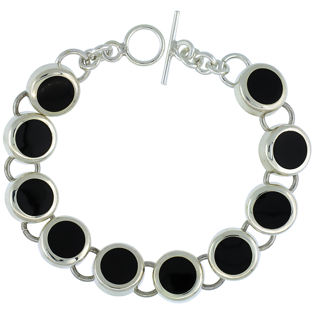 Sterling Silver Round Black Obsidian Stone Link 7.5 Bracelet w/ Toggle Type Lock, 9/16 inch wide