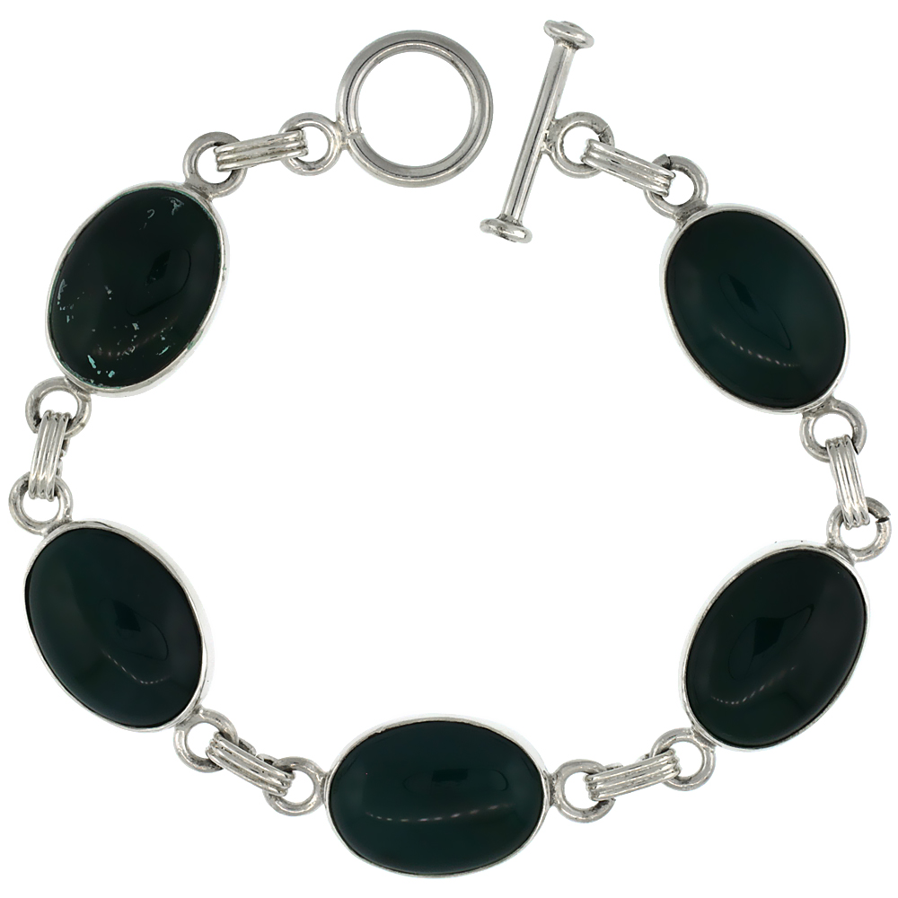 STERLING SILVER OVAL MALACHITE STONE LINK 7.5 BRACELET W/ TOGGLE TYPE LOCK, 9/16 INCH WIDE,
