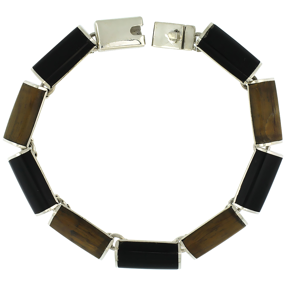 STERLING SILVER BLACK OBSIDIAN & TIGER EYE STONE BAR LINK 7 BRACELET 3/8 INCH WIDE,