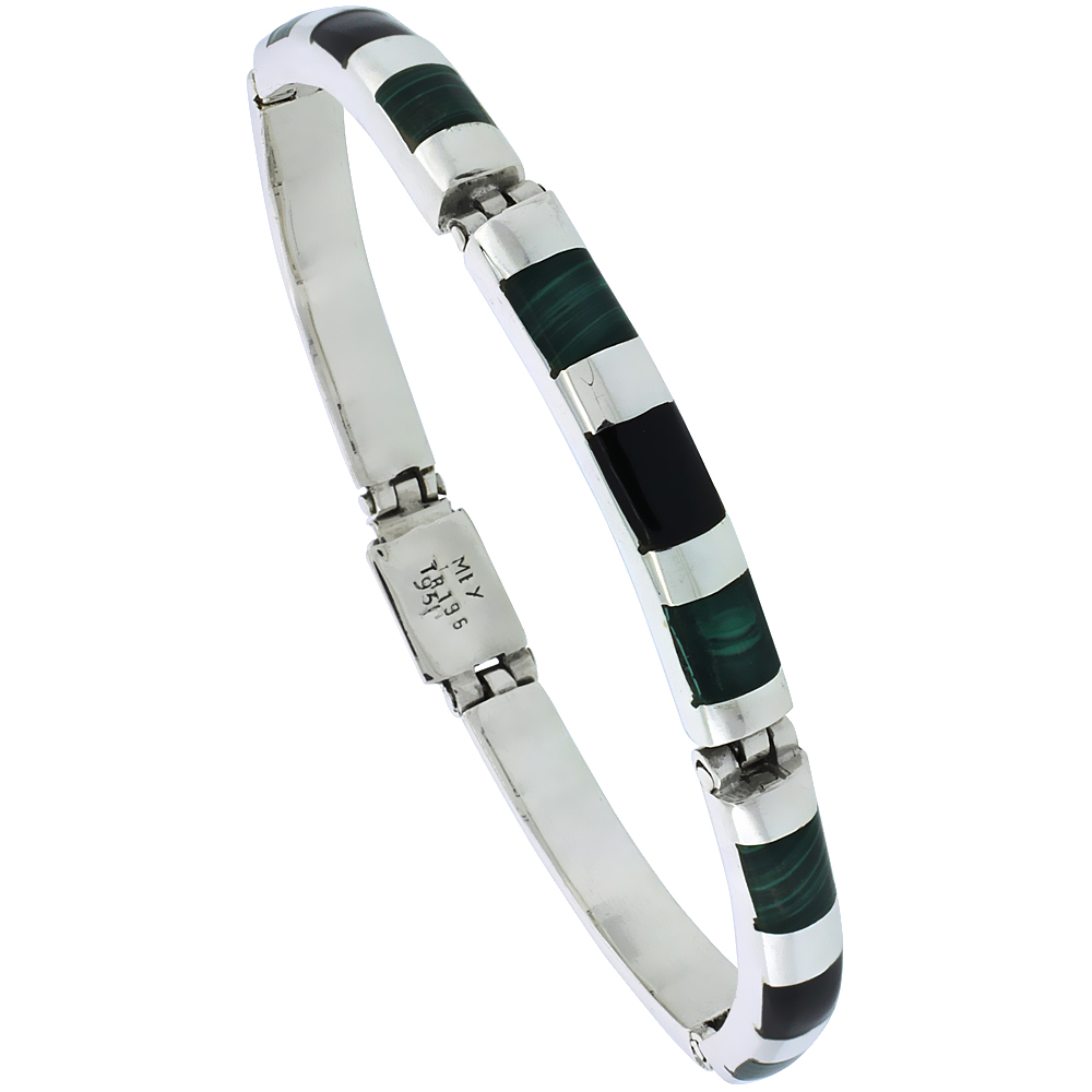 Sterling Silver Malachite &amp; Black Onyx Bar Link Bracelet 1/4 inch wide,