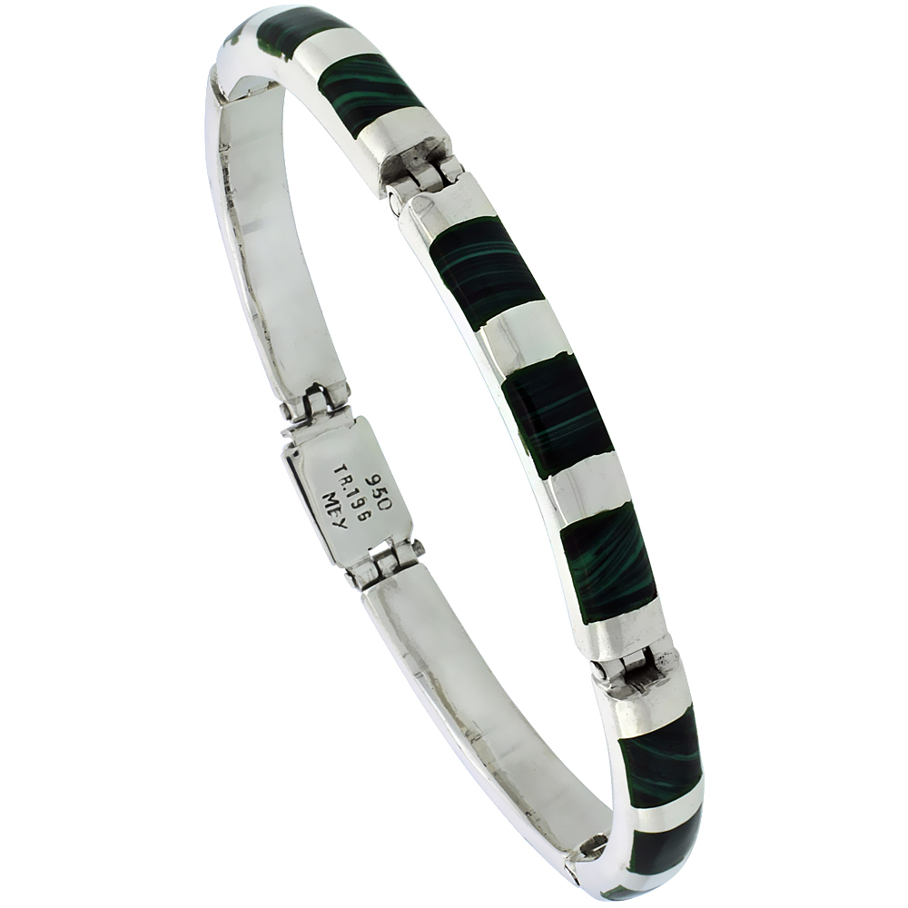 STERLING SILVER MALACHITE BAR LINK BRACELET 1/4 INCH WIDE,