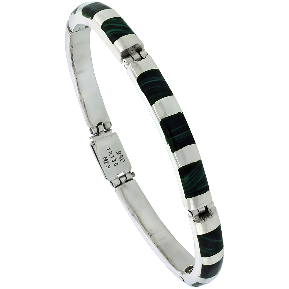 Sterling Silver Malachite Bar Link Bracelet 1/4 inch wide,