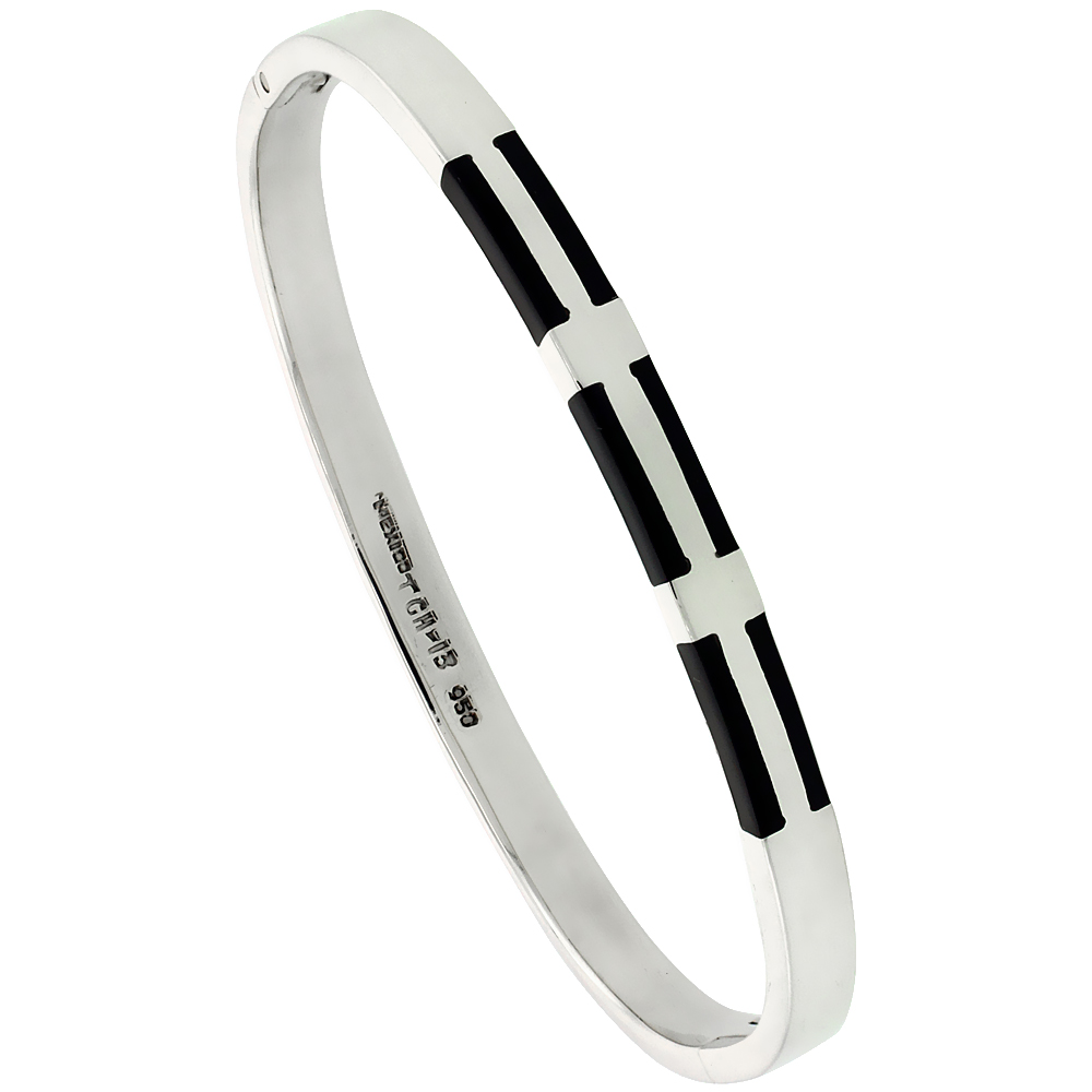 Sterling Silver Bangle Bracelet w/ Black Onyx Inlay, 3/16 inch wide,