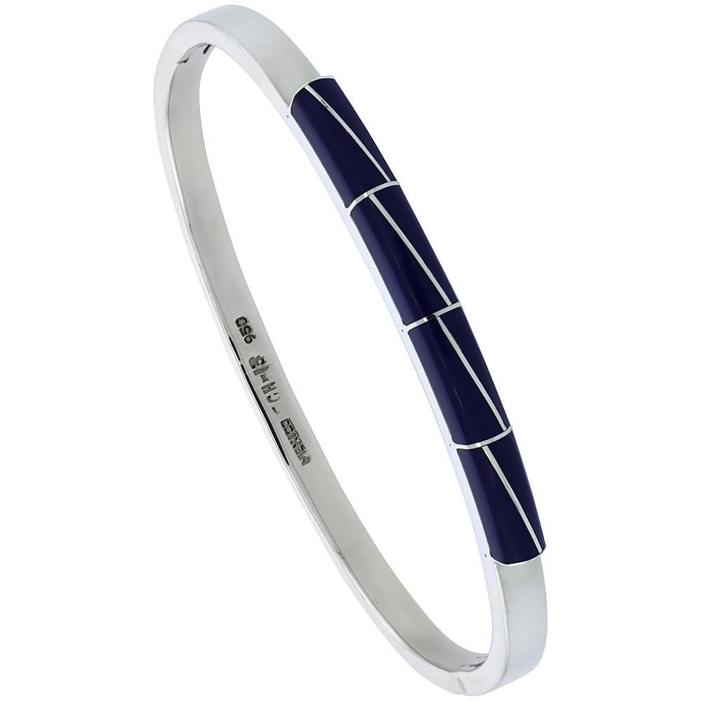 STERLING SILVER BANGLE BRACELET W/ STRIPED BLUE STONES, 3/16 INCH WIDE,