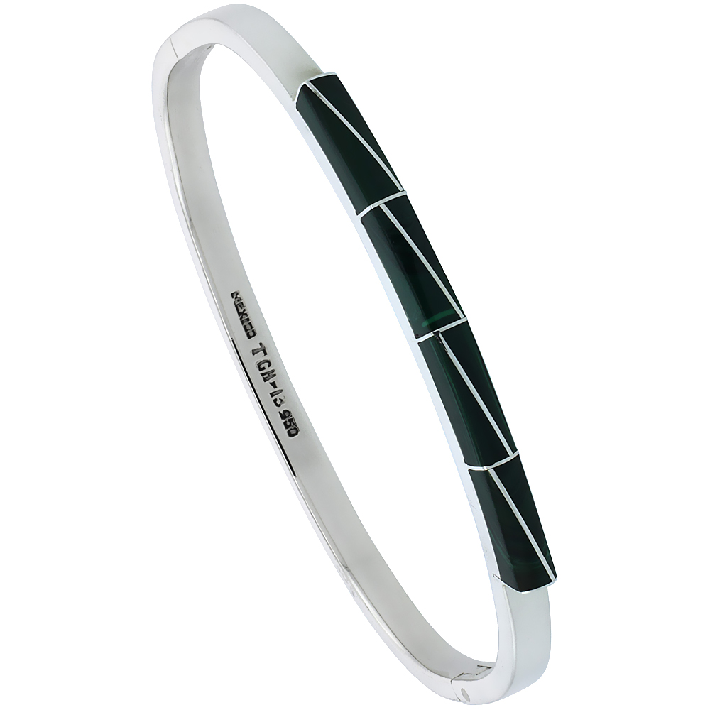 STERLING SILVER BANGLE BRACELET W/ STRIPED MALACHITE STONES, 3/16 INCH WIDE,