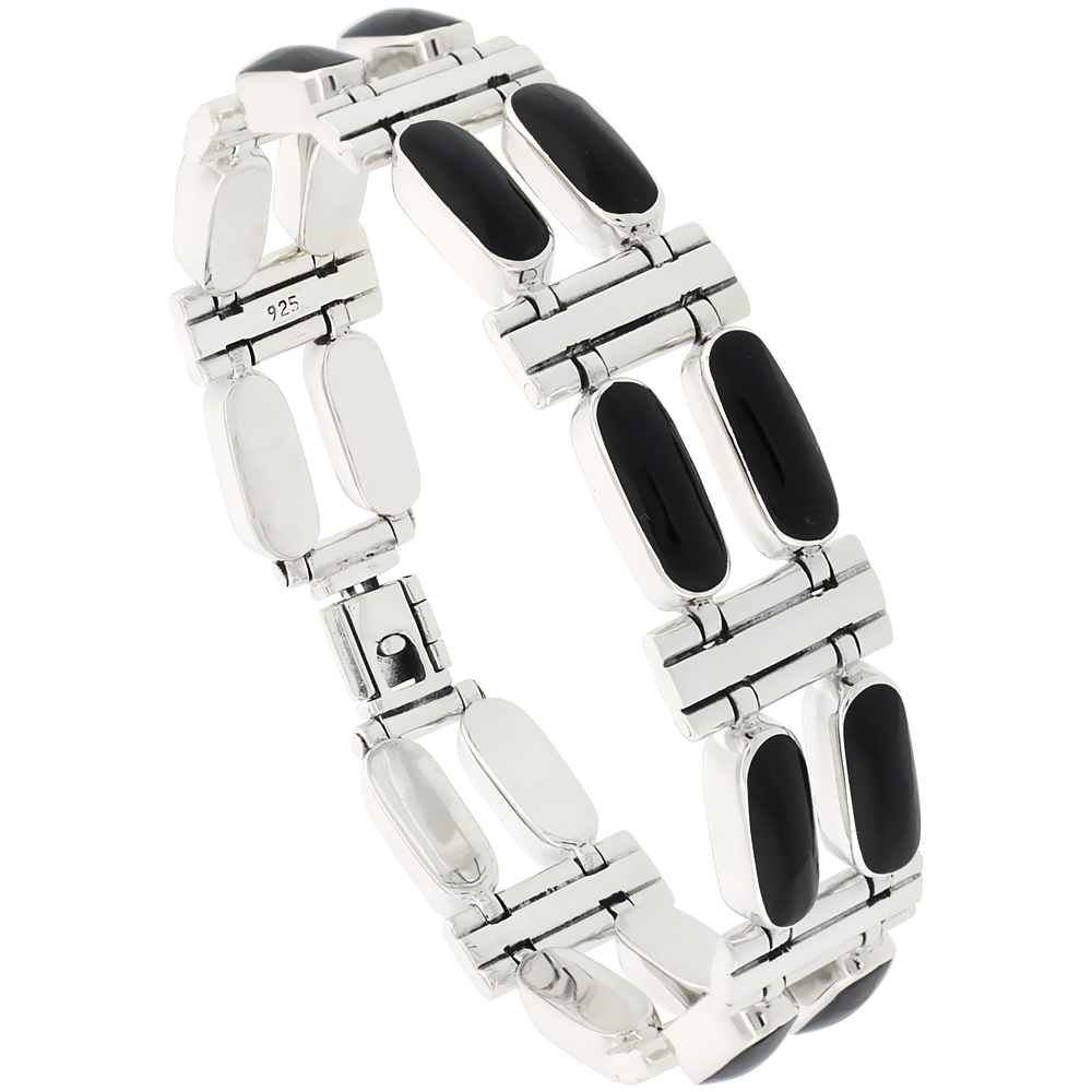 STERLING SILVER RECTANGULAR BAR BRACELET DOUBLE ROW ALL BLACK RESIN, FOLD OVER CLASP, 7 1/4 INCH LONG