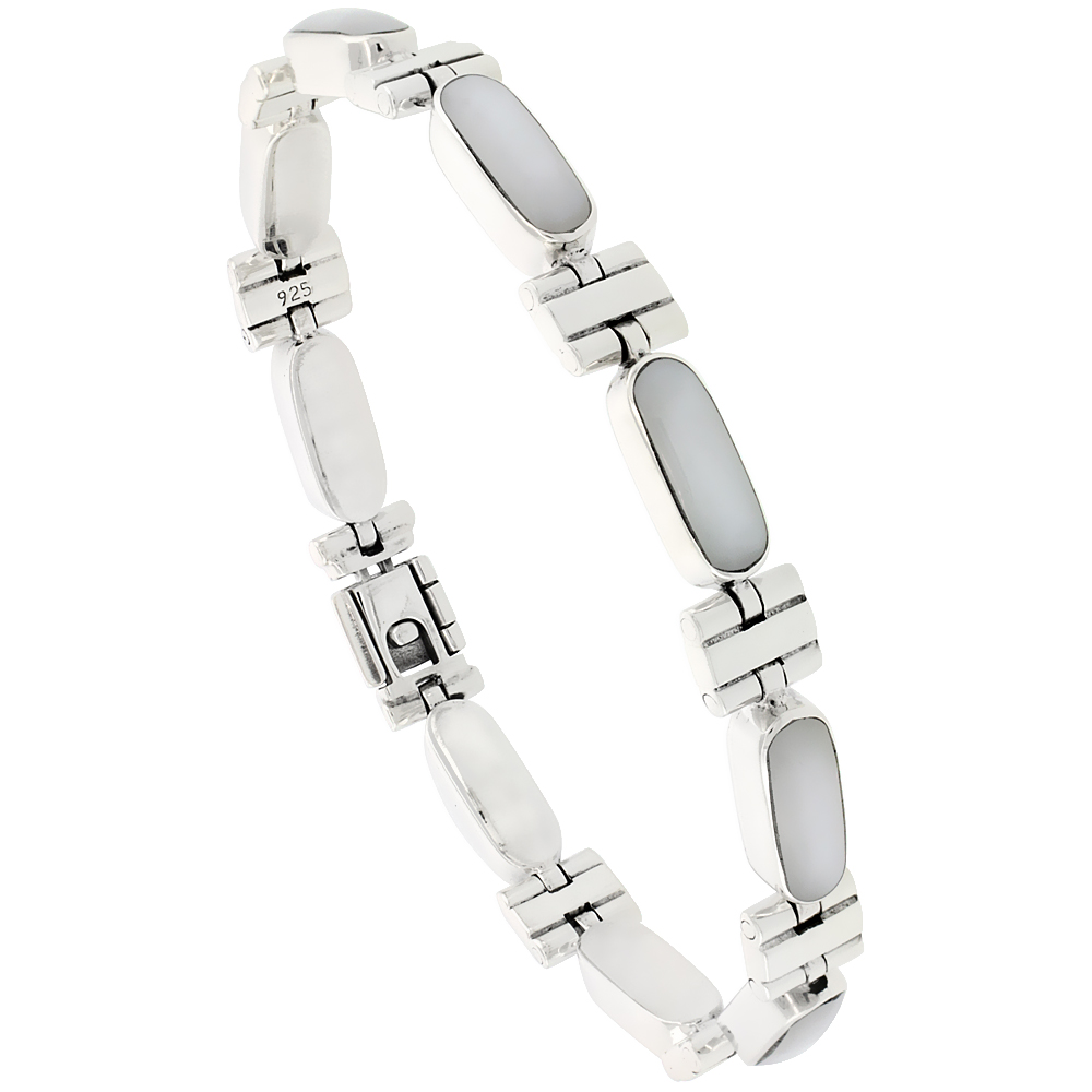 STERLING SILVER RECTANGULAR BAR BRACELET SINGLE ROW MOTHER OF PEARL STONES, FOLD OVER CLASP, 7 1/4 INCH