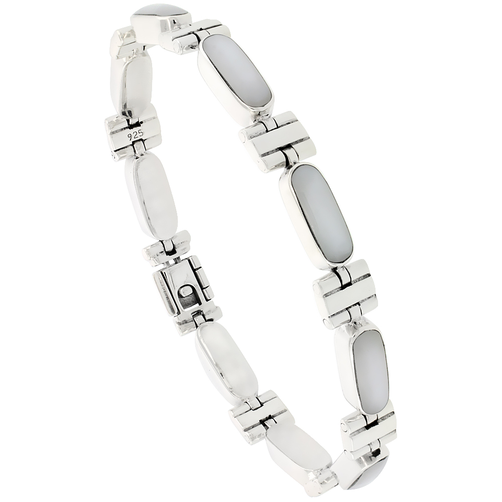 Sterling Silver Rectangular Bar Bracelet Single Row Mother of Pearl Stones, Fold Over Clasp, 7 1/4 inch