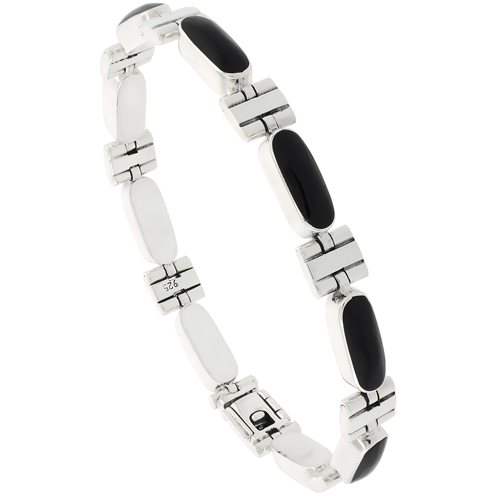 STERLING SILVER RECTANGULAR BAR BRACELET SINGLE ROW ALL BLACK RESIN, FOLD OVER CLASP7 1/4 INCH