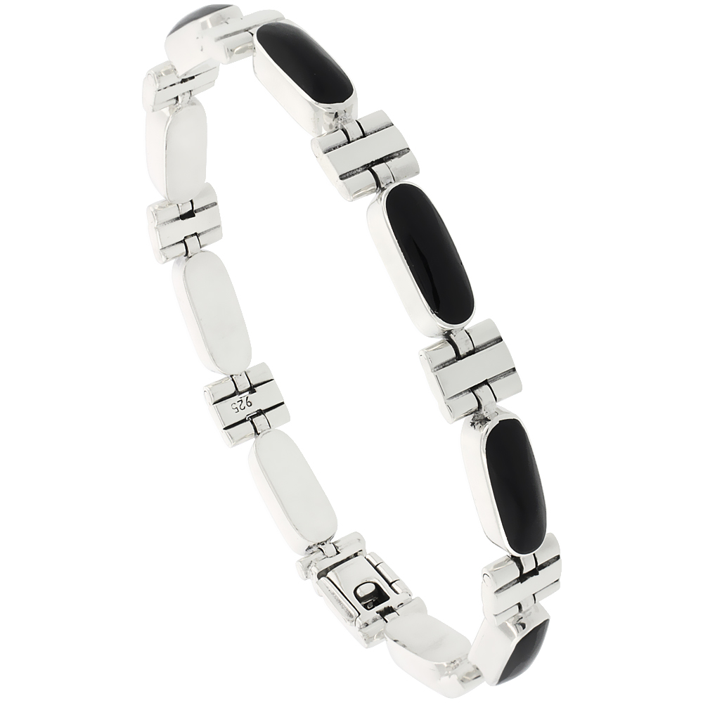 Sterling Silver Rectangular Bar Bracelet Single Row All Black Resin, Fold Over Clasp7 1/4 inch