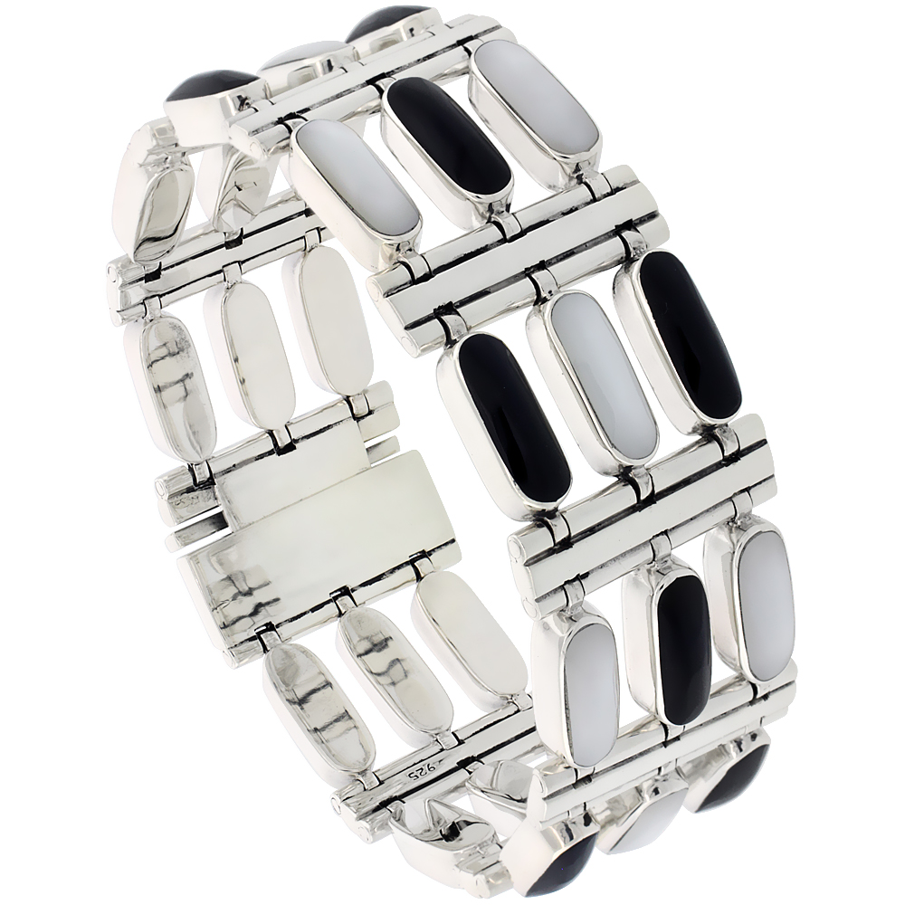Sterling Silver Rectangular Bar Bracelet Three Row Alternating Black Resin and Mother of Pearl Stones, box with tongue clasp, 7 1/2 inch