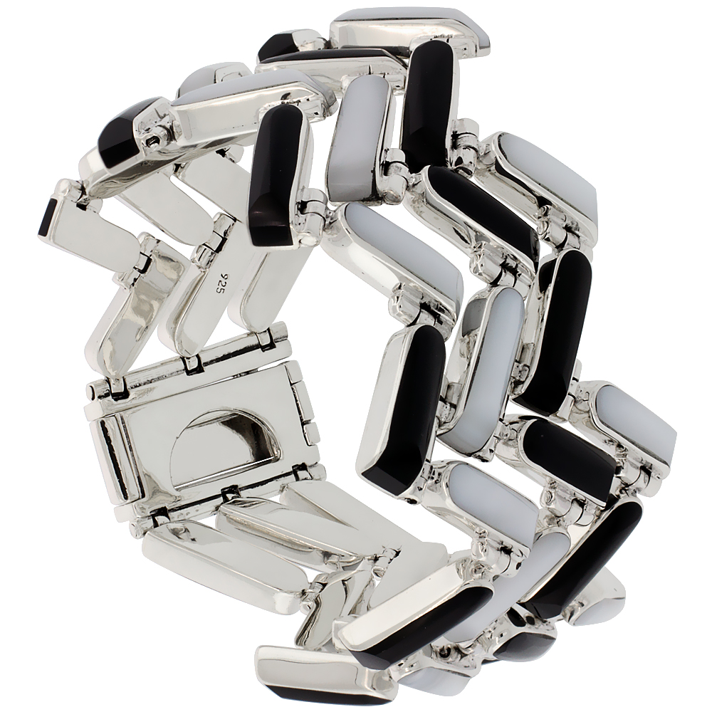 STERLING SILVER RECTANGULAR BAR BRACELET THREE ROW ZIG ZAG PATTERN LINKS ALTERNATING BLACK RESIN & MOTHER OF PEARL STONES, BOX WITH TONGUE CLASP, 7.5 INCH