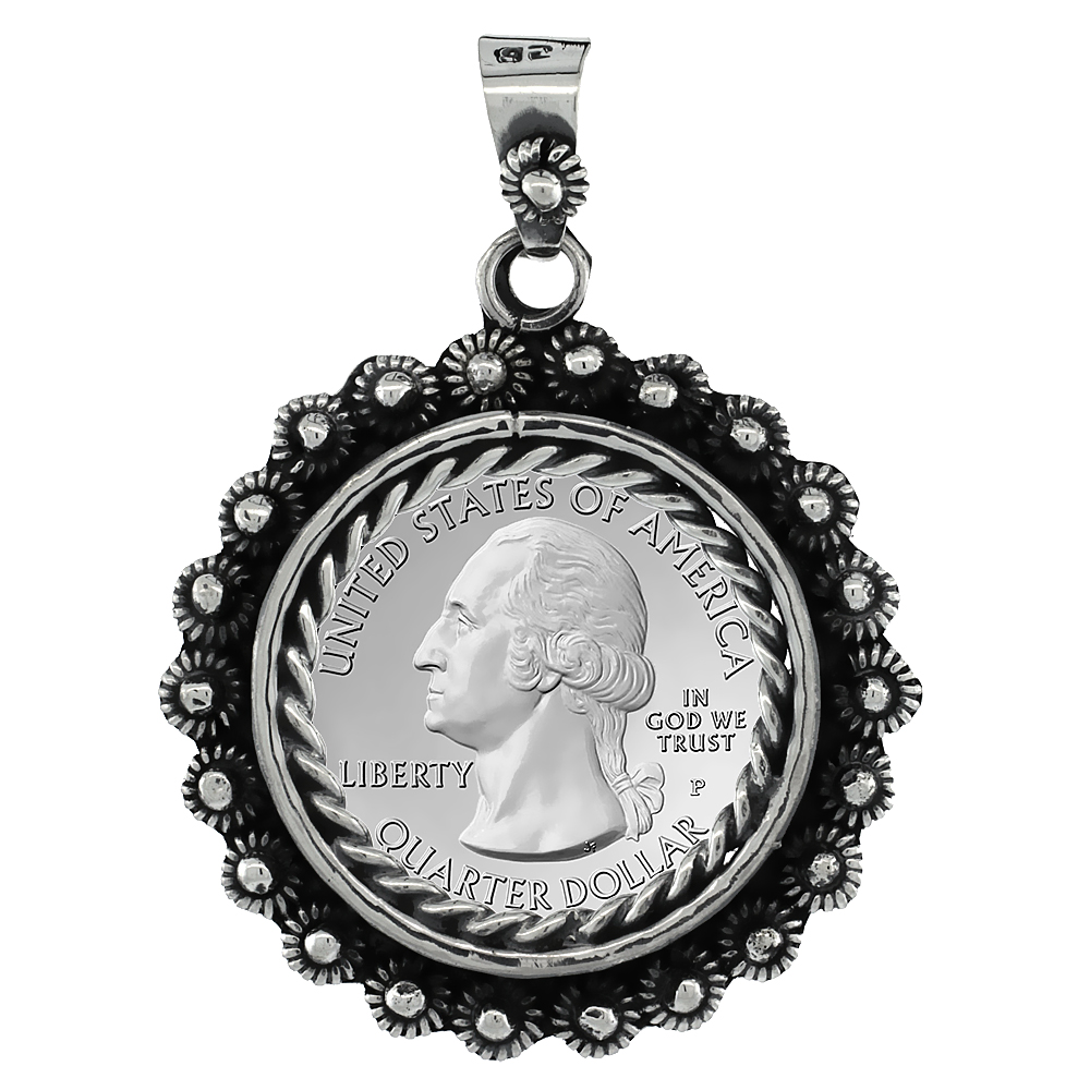 STERLING SILVER 24 MM QUARTER DOLLAR (25 CENTS) COIN FRAME BEZEL PENDANT W/ FLORAL EDGE DESIGN