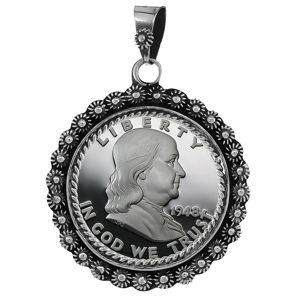 STERLING SILVER 30 MM HALF DOLLAR (50 CENTS) COIN FRAME BEZEL PENDANT W/ FLORAL EDGE DESIGN
