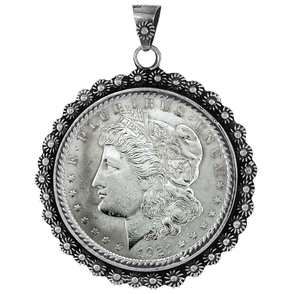 Sterling Silver 38 mm Silver Dollar &amp; Mexican Olympic Coin Frame Bezel Pendant w/ Floral Edge Design