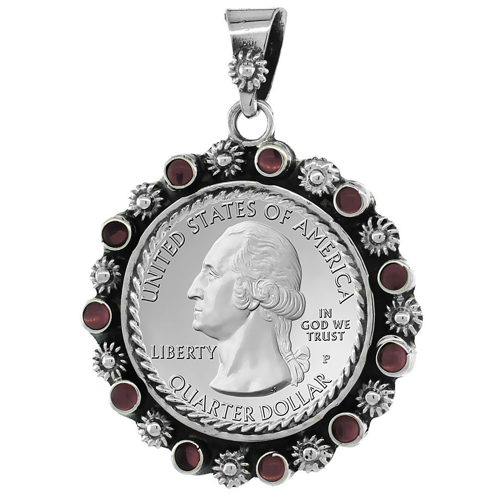 STERLING SILVER 24 MM QUARTER DOLLAR (25 CENTS) COIN FRAME BEZEL PENDANT W/ FLORAL EDGE DESIGN