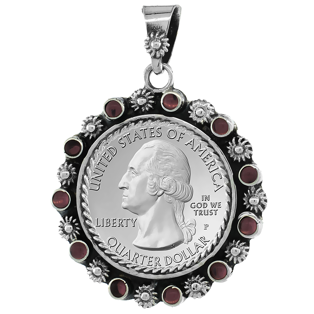Sterling Silver 24 mm Quarter Dollar (25 Cents) Coin Frame Bezel Pendant w/ Floral Edge Design