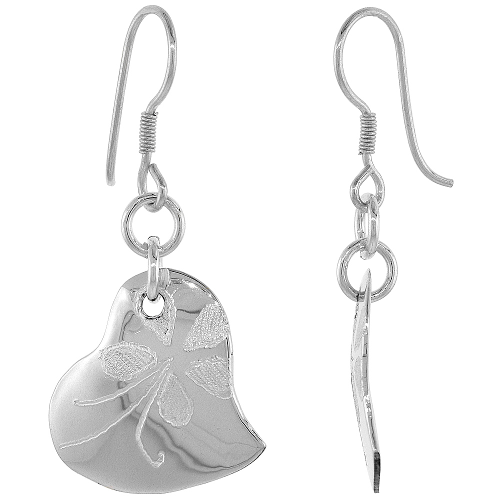 Sterling Silver Embossed Heart Dangle Earrings, 1 9/16 inch long