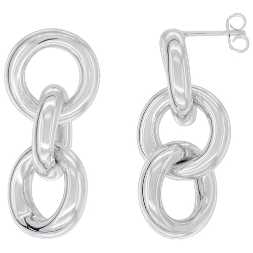 Sterling Silver Triple Circle Hollow Dangling Earrings, 1 3/8 inches long