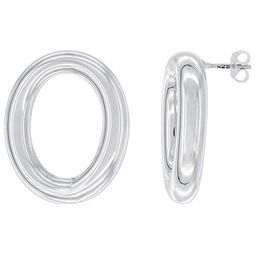 Sterling Silver Polished Oval Hollow Hoop Earrings, 1 inch long