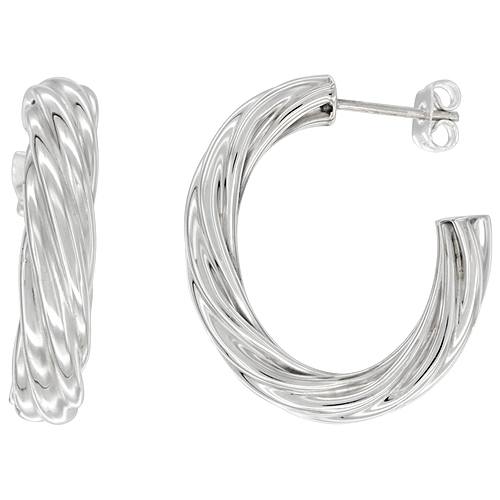 Sterling Silver Thick Twisted Rope Hoop Earrings Open Circle, 1 inch wide