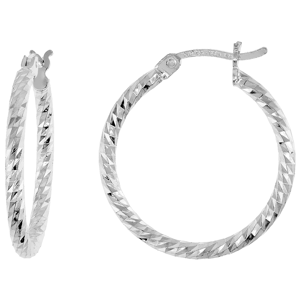 7/8 inch Sterling Silver Twisted Diamond Cut Hoop Earrings for Women 25mm Round 1/16 inch (2mm) thick Italy