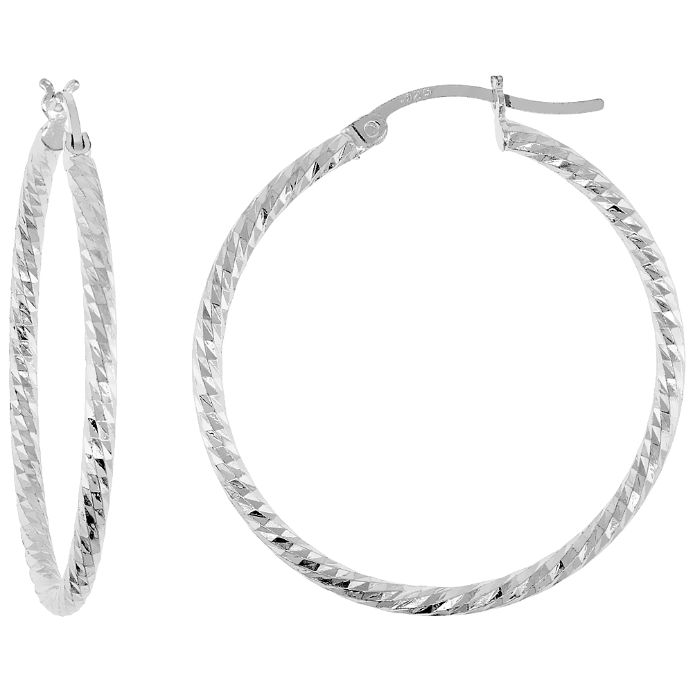 1/14 inch Sterling Silver Twisted Diamond Cut Hoop Earrings for Women 35mm Round 1/16 inch (2mm) thick Italy