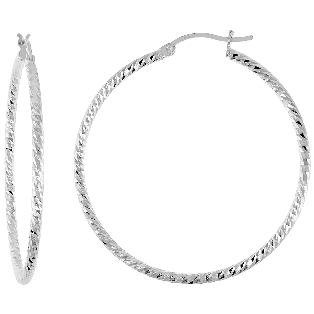1 3/4 inch Sterling Silver Twisted Diamond Cut Hoop Earrings for Women 45mm Round 1/16 inch (2mm) thick Italy