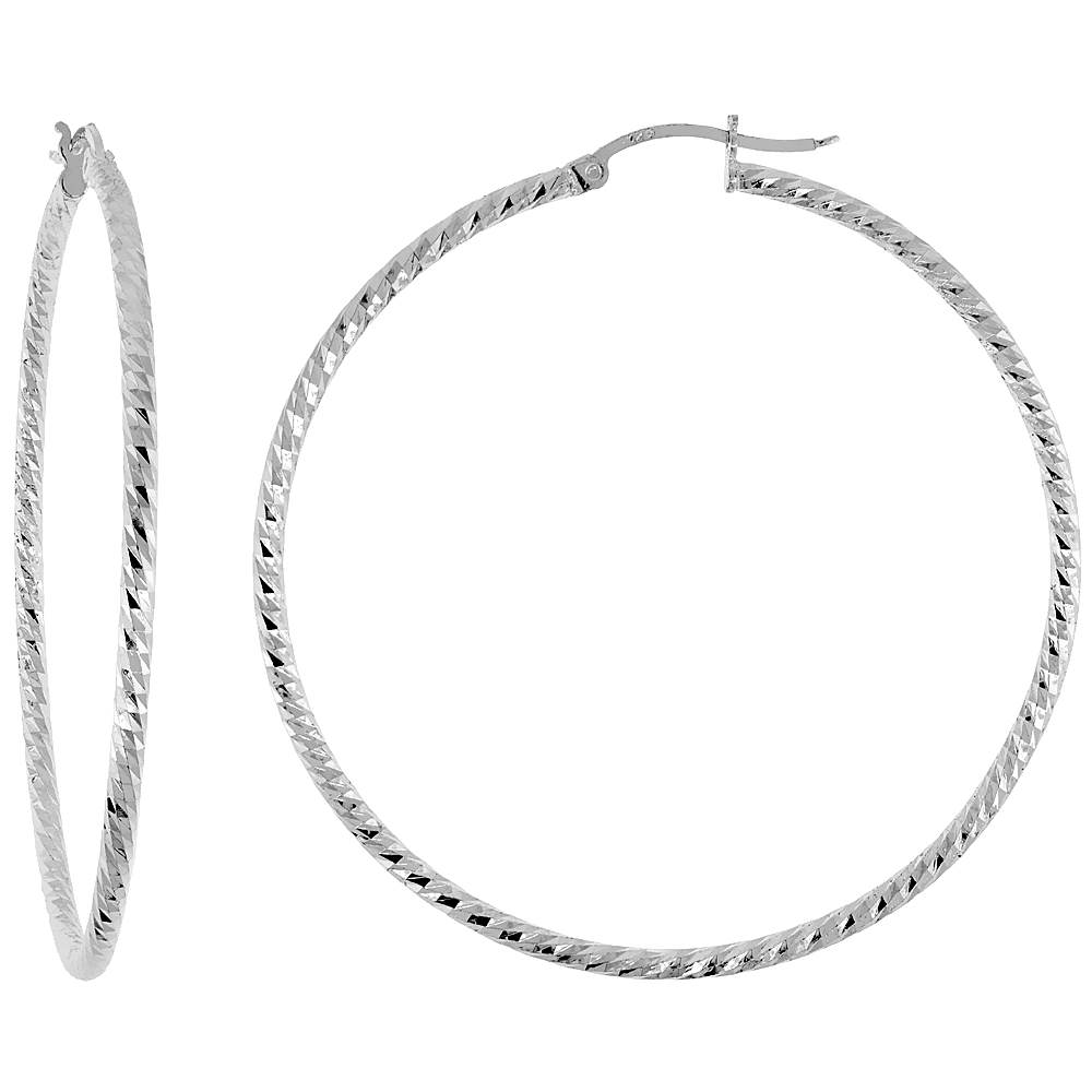 2 inch Sterling Silver Twisted Diamond Cut Hoop Earrings for Women 55mm Round 1/16 inch (2mm) thick Italy