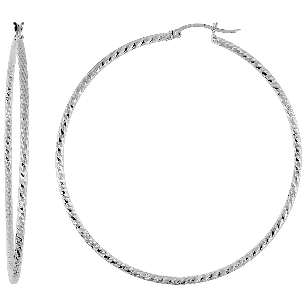 2 1/2 inch Sterling Silver Twisted Diamond Cut Hoop Earrings for Women 65mm Round 1/16 inch (2mm) thick Italy