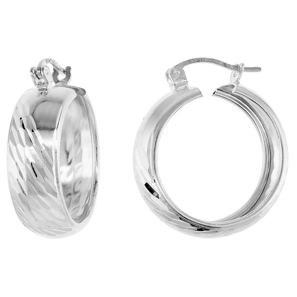 Sterling Silver Diamond cut Hoop Earrings, 7/8 inch wide