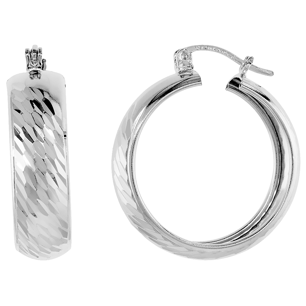 Sterling Silver Diamond cut Hoop Earrings, 1 inch wide