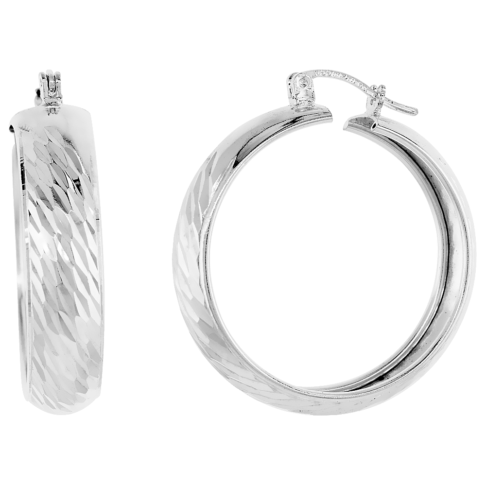 Sterling Silver Diamond cut Hoop Earrings, 1 1/4 inch wide