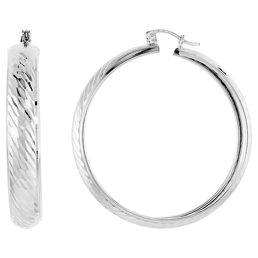 Sterling Silver Diamond cut Hoop Earrings, 1 3/4 inch wide