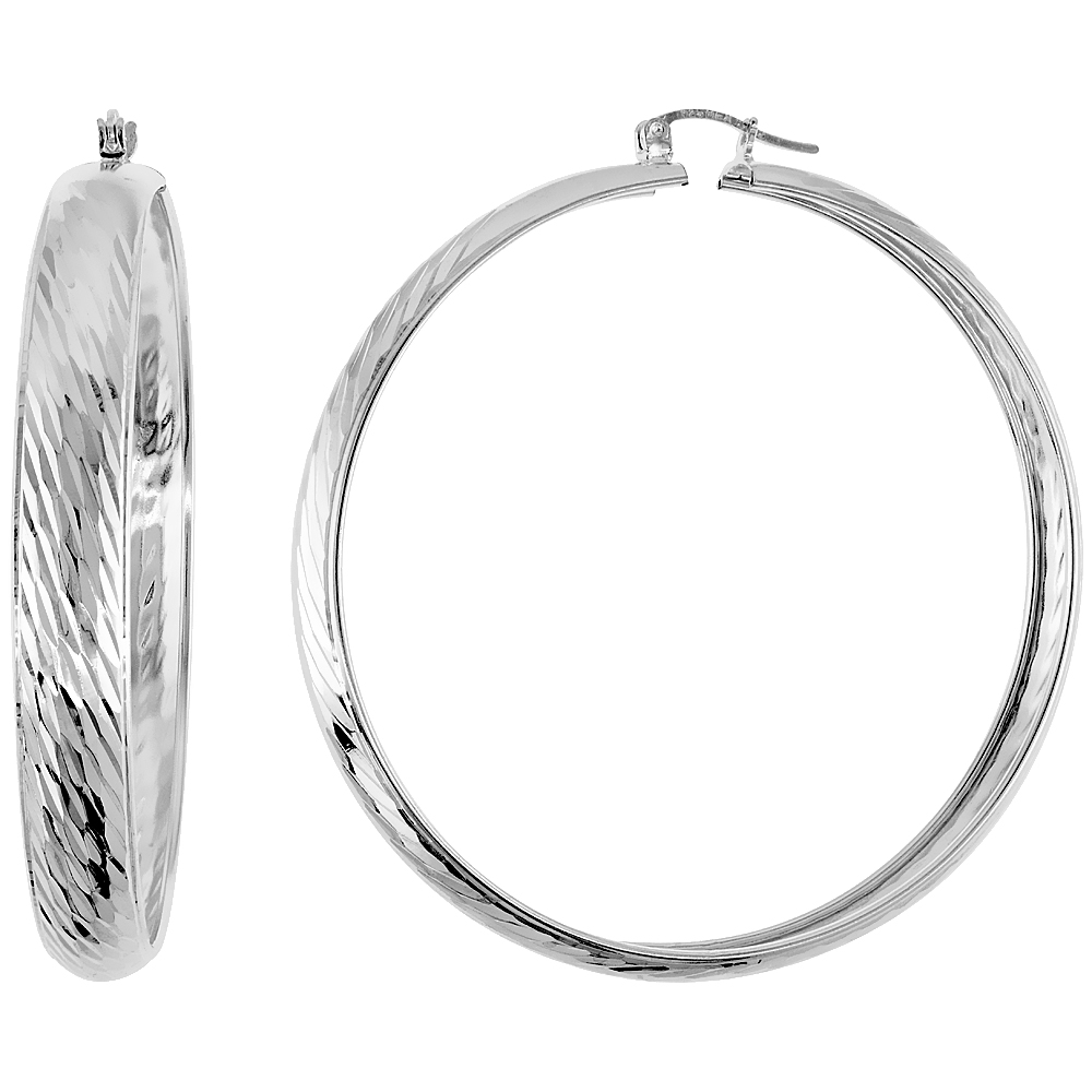 Sterling Silver Diamond cut Hoop Earrings, 2 1/8 inch wide