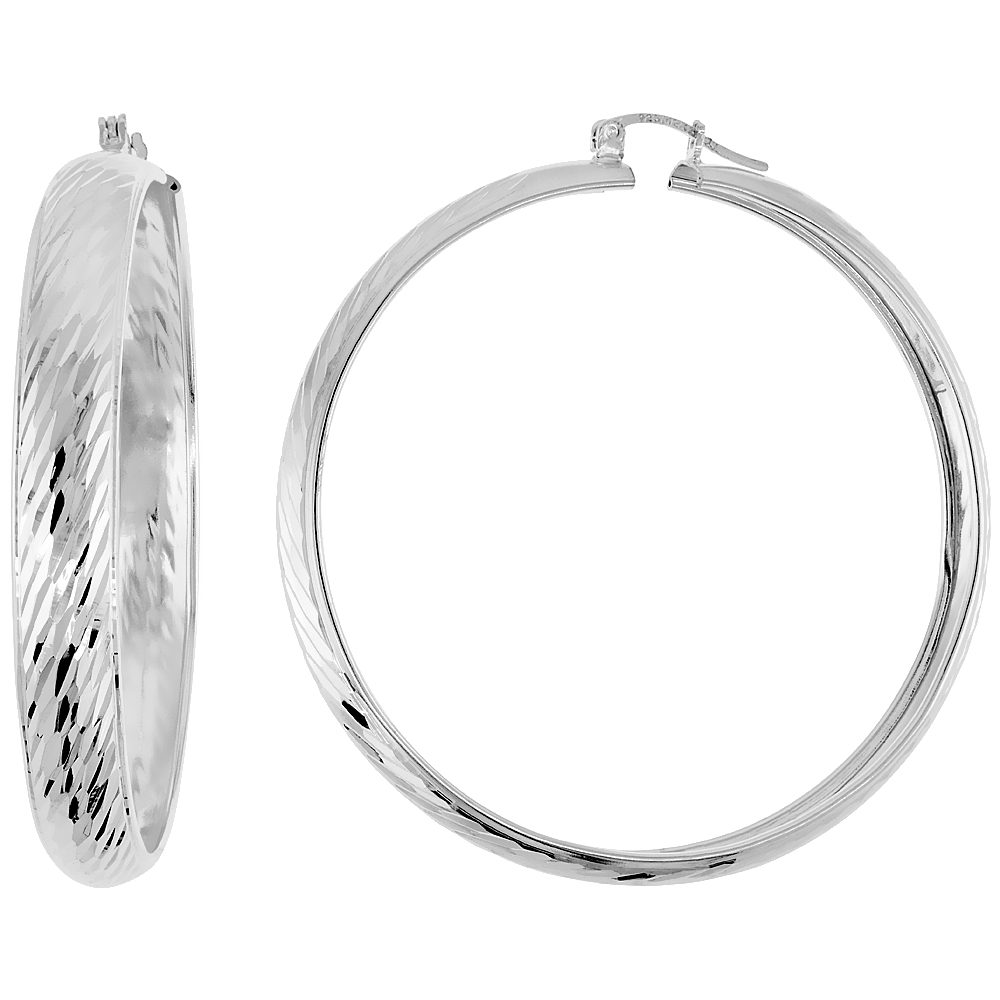 Sterling Silver Diamond cut Hoop Earrings, 2 3/8 inch wide