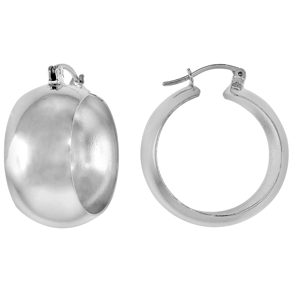 1 inch Sterling Silver Wide Hoop Earrings for Women Click Top Closure High Polished Handmade 7/16 inch (11mm) wide